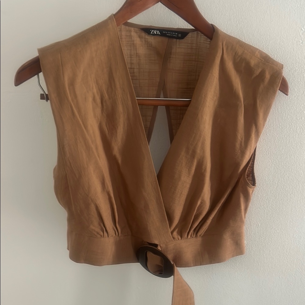 Zara Brown Sleeveless Wrap Blouse